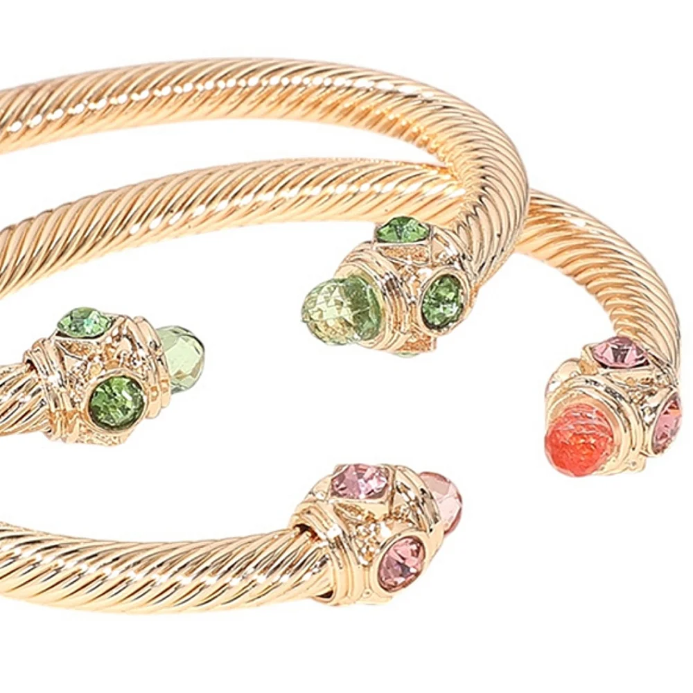 Gold 2 Piece Stone Tip Twist Rope Cable Cuff Bracelet Bangle Textured Metal